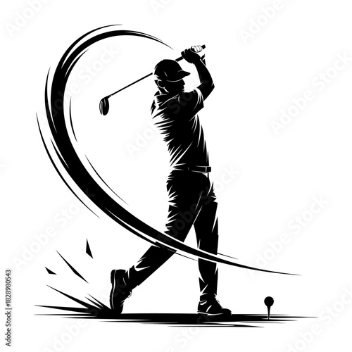 dynamic black silhouette of golfer swinging club with motion arc minimalist vector illustration