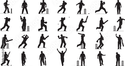Cricket players vector silhouettes in various action poses sports illustration