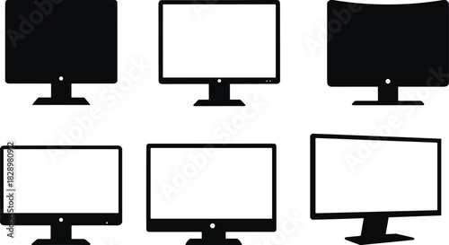Set of Six Computer Monitor Silhouettes, Modern and Classic Screen Display Icons, Curved and Flat Desktop Technology Devices, Black and White Vector Graphic.