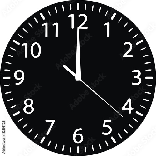 Minimalist Analog Clock Showing Eleven O'clock Time, Black Circle Face with White Numbers and Hands, Deadline Punctuality Schedule Timer Concept Vector.