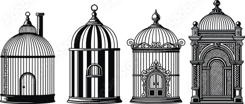 Set of Four Ornate Decorative Vintage Bird Cages, Antique Victorian Style Aviaries, Detailed Intricate Ornamental Design, Monochrome Black and White Vector Illustration.