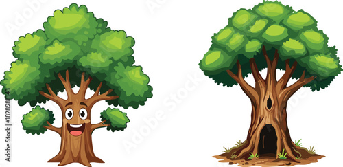 Cute Cartoon Tree Characters Set, Happy Smiling Mascot and Tree with Hollow Opening, Whimsical Fantasy Woodland Icons, Nature Forest Environment Kids Illustration Vector.