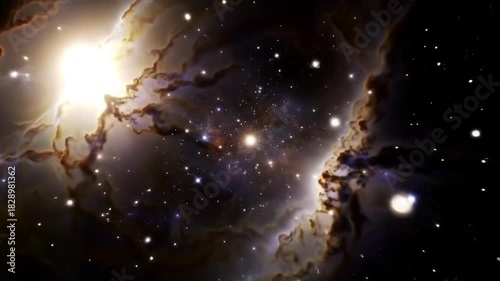 A vibrant cosmic nebula with bright stars, glowing hues, and swirling clouds of gases