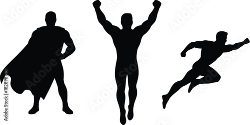 Three strong male superhero silhouettes showcasing confident stance, airborne triumph, and powerful flight