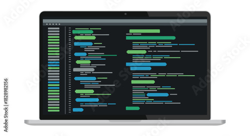 A sleek, modern laptop displaying lines of programming source code on a dark screen, representing a software development concept as a vector illustration