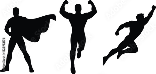 Three strong black superhero silhouettes depicting various action poses including standing, running, and flying