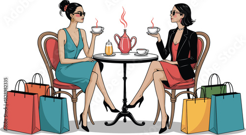 Two fashionable women enjoy tea at a café table surrounded by colorful shopping bags