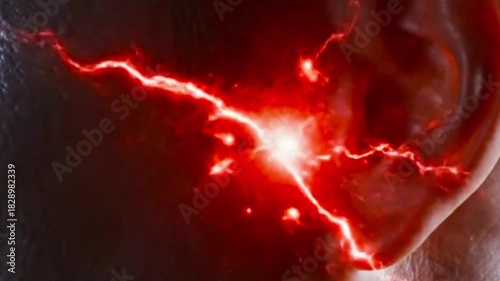 Close up of a man's face in profile with a red laser cross projected near his ear in a dark setting