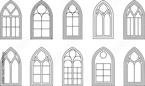 Various intricate gothic arch window frame outlines are neatly arranged on a clean white surface