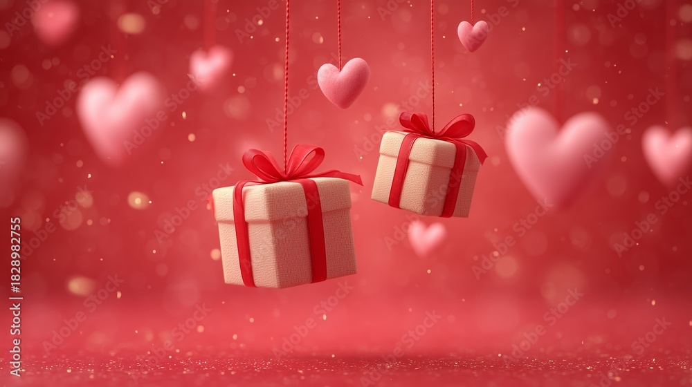 Fototapeta premium Two suspended gift boxes among the hearts. Red background, red ribbons and bows, golden particles, 3D rendering, horizontal composition. Theme: Valentine's Day.