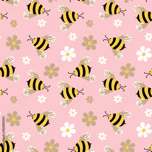Seamless pattern with bees. Small wasp. Vector illustration. Design for invitation, cards, textile, fabric. Doodle style.