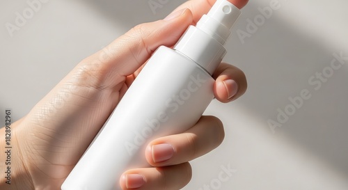 Closeup of a hand holding a white spray bottle against a white background