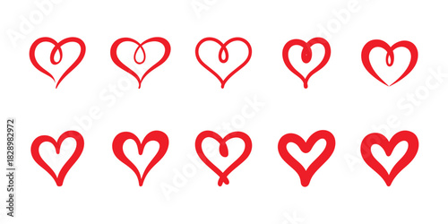 Hand drawn red heart doodles set on clean background