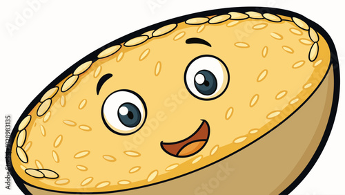 A cheerful cartoon slice of bread with sesame seeds and a happy face smiling merrily