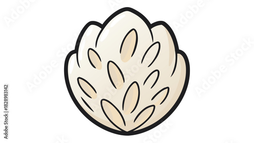 A stylized cartoon illustration of a fluffy light colored seed pod with dark outlines and subtle shading