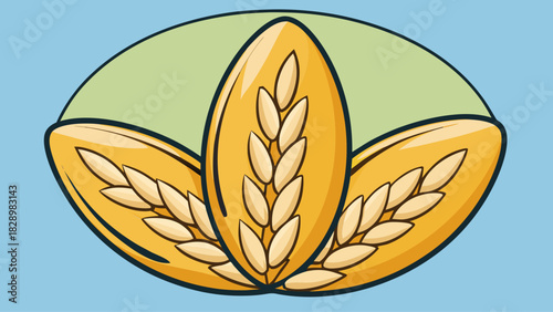 Stylized illustration of three golden wheat stalks with detailed grains set against a pale green oval on a soft blue background