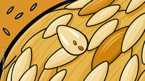 Close up abstract illustration of a cross section of a fruit or vegetable showing seeds and flesh in warm orange and yellow tones