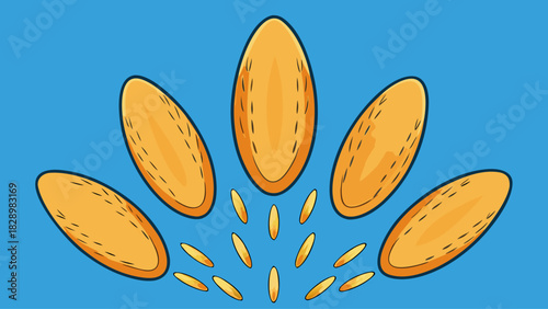 Abstract illustration of five large orange oval shapes radiating outwards from a cluster of smaller orange oval shapes against a bright blue background
