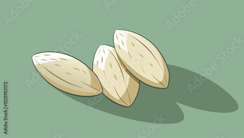Three stylized light brown almonds with subtle texture details are artfully arranged on a muted green background casting soft shadows