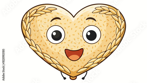 Adorable heart shaped rice grain character with a happy expression and wheat border