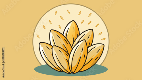Stylized illustration of a cluster of golden corn kernels arranged in a circular pattern against a soft yellow background