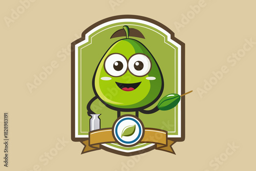 Cute avocado character holding a leaf and a small bottle in a decorative emblem with a leaf symbol