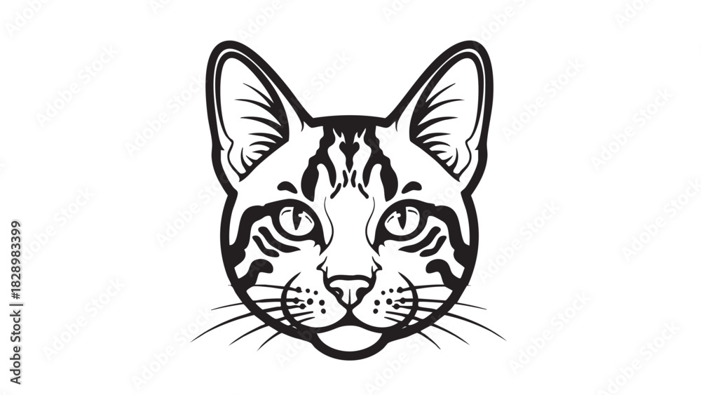 Fototapeta premium A detailed black and white illustration of a cat's face, showcasing its expressive eyes and patterned fur