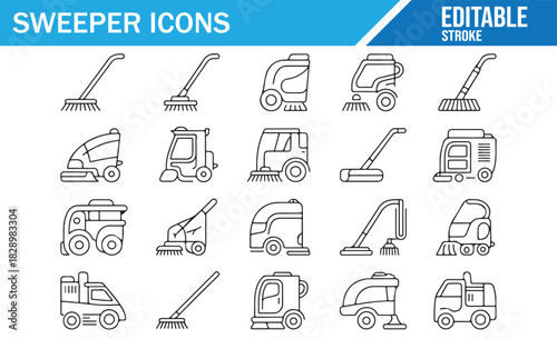 Industrial sweeper machine outline vector icon set