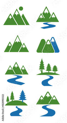 Collection of stylized mountain and river landscape icons.