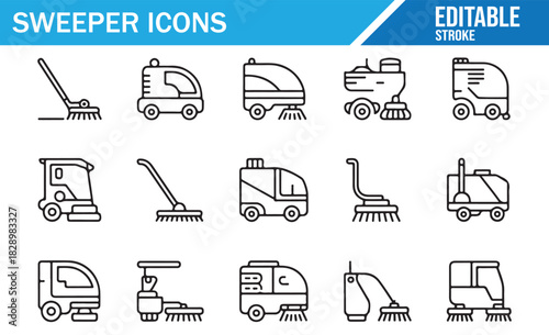 Road cleaning vehicle editable line icon collection
