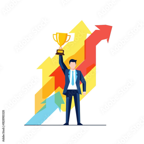 Businessman celebrating success with a golden trophy.