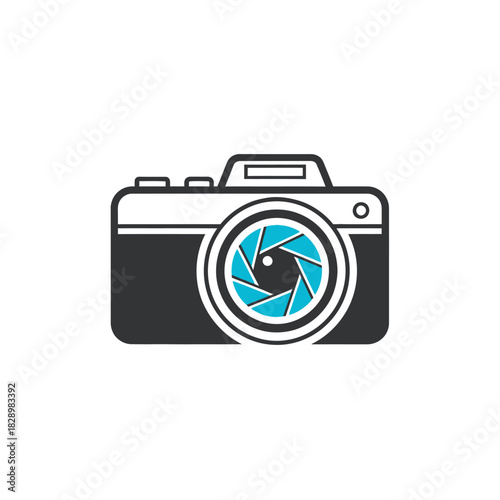 Camera with blue shutter icon, a symbol of photography and visual media.