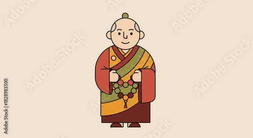 Cartoon illustration of a smiling Buddhist monk in traditional robes holding prayer beads.