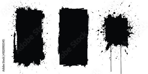 Grunge ink splatters set on white background with rough textured frames.