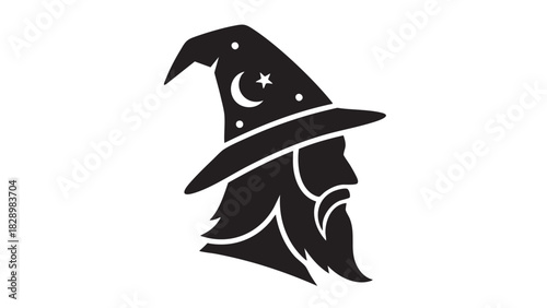 Black Silhouette of a Wizard's Profile with Star and Crescent Moon on Hat for Fantasy Designs