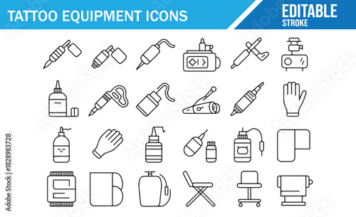 Tattoo equipment outline icon set with editable stroke for professional studio design