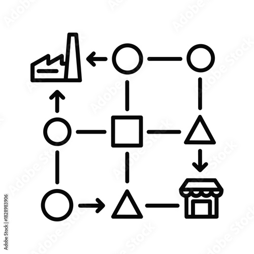 Supply chain flow diagram with factory, store, and process icon
