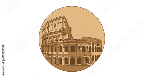 Colosseum illustration in a circular frame.