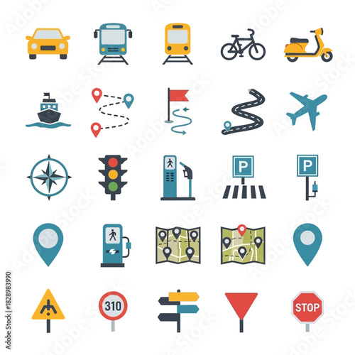 Comprehensive Collection of Transportation and Navigation Icons.