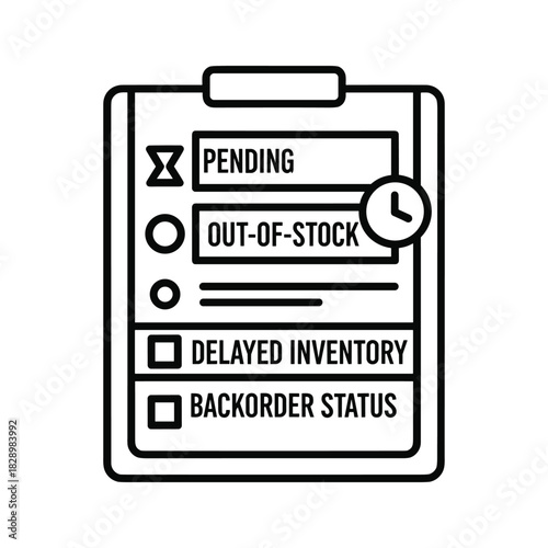 Black and white icon of a clipboard showing inventory status list