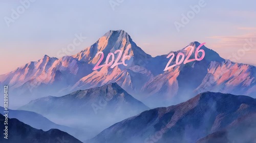 Majestic mountain peaks illuminated by the soft glow of sunrise with the numbers 2026 etched onto the slopes.