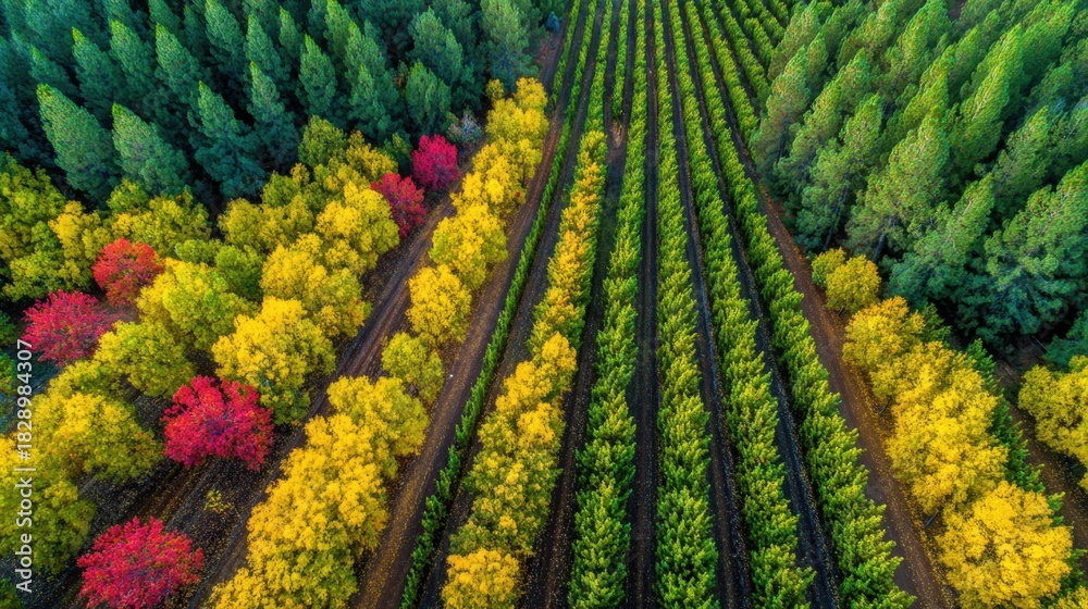 Fototapeta premium Vibrant autumn landscape showcases colorful trees and neatly arranged rows of green foliage