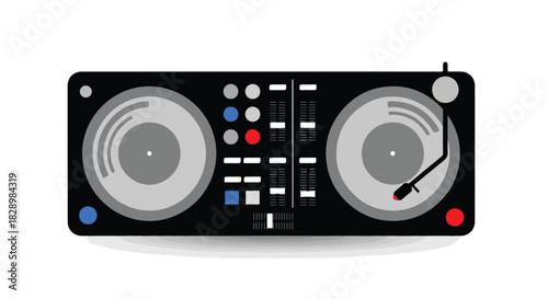 Vector illustration of a professional DJ turntable console with two decks and a mixer isolated on a white background