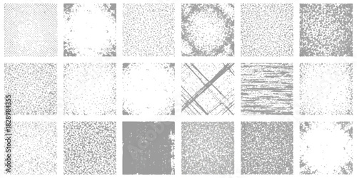 Diverse grunge texture pack featuring halftone, grain, and scratch patterns.