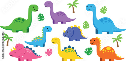 Cute cartoon dinosaurs set vector illustration collection of colorful prehistoric animals with jungle leaves and palm trees isolated for kids.