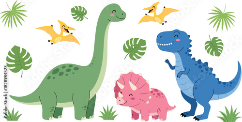 Cute cartoon dinosaurs set vector illustration collection of colorful prehistoric animals with tropical leaves and flying pterodactyl isolated for kids.