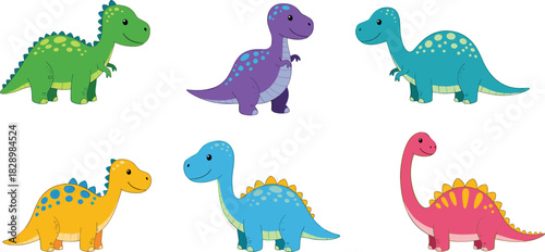 Cute cartoon dinosaurs set vector illustration collection of six colorful prehistoric animals including t-rex and stegosaurus isolated for kids.