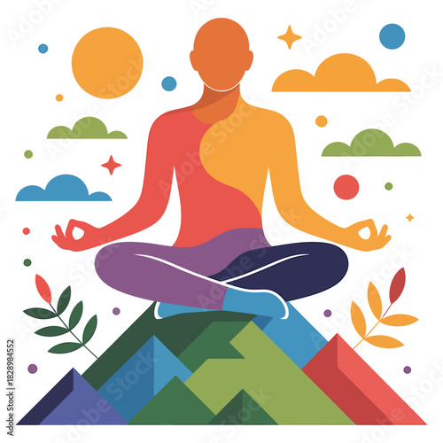 abstract illustration of a person meditating on a mountain with colorful clouds and nature elements