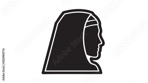 Simple black and white icon depicting a woman's profile wearing a traditional veil or headdress, symbolizing faith, culture, and female identity