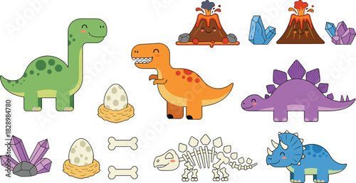 Cute cartoon dinosaurs set vector illustration collection of prehistoric animals with fossil skeleton crystals and volcanoes isolated for kids education.
